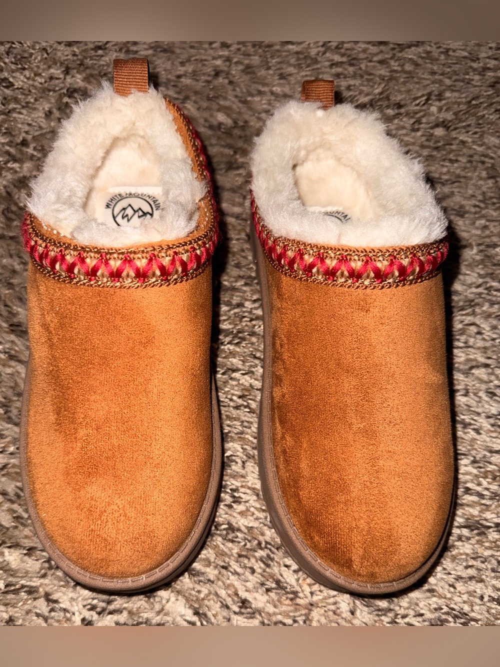 White Mountain Chestnut Faux-Suede Shearling Lined Slip-Ons with Red Trim